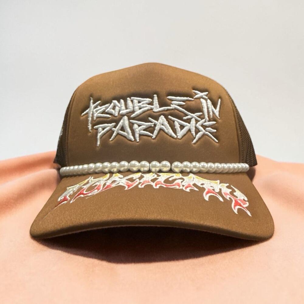 TOXICITY Trouble in Paradise Brown Trucker Hat Mesh Back Adjustable Streetwear